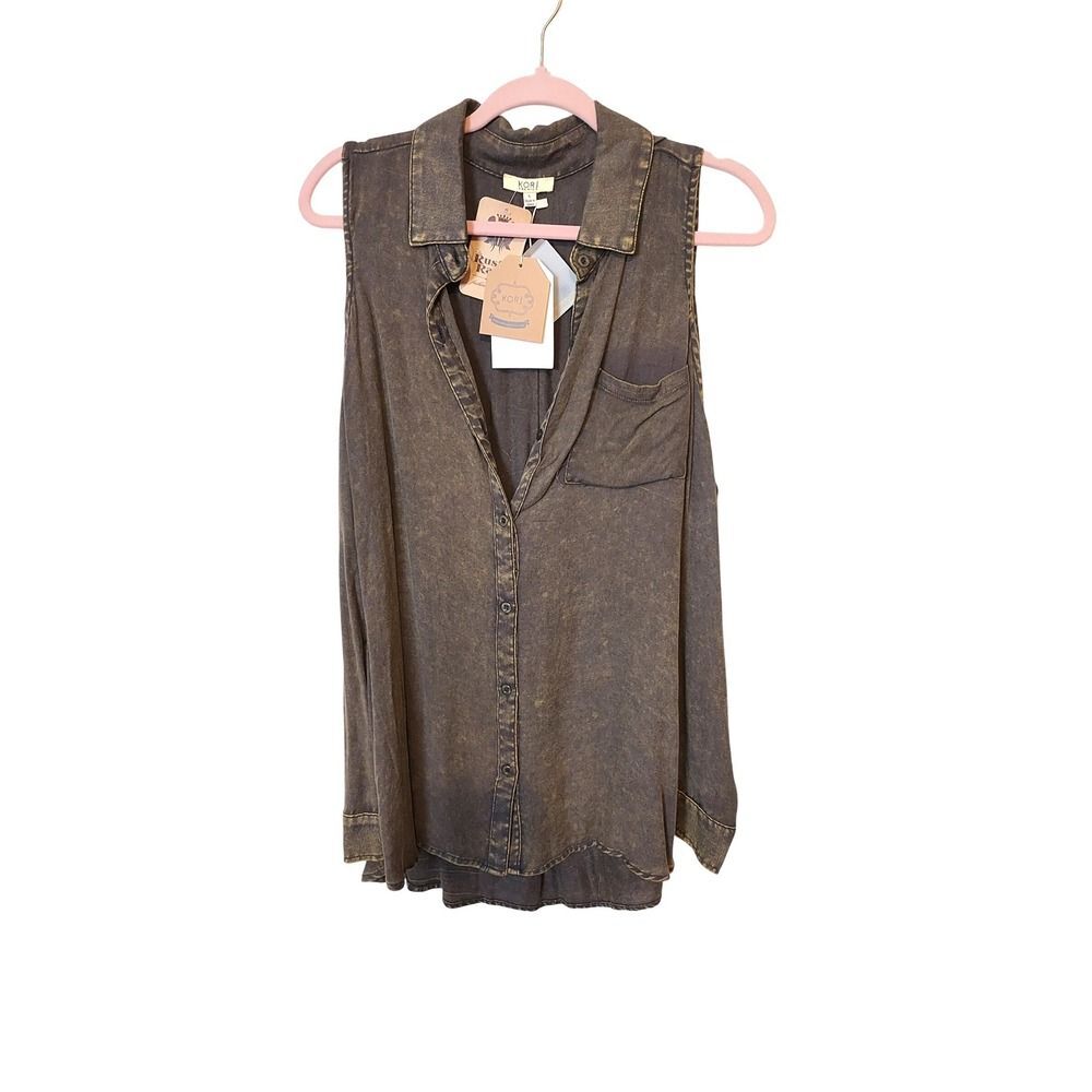 Kori America Washed Cold Shoulder Button Up LONG SLEEVE Shirt Top Large Boho